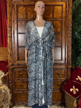 Carlos by Carlos Santana Blue Snake Chiffon Tassel Rope Side Slit Maxi Topper